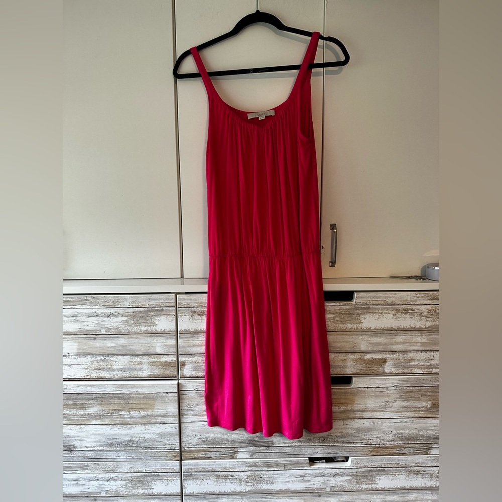 ❤️ LOFT Pink Red Sleeveless Ruched Waist Midi Dress XS